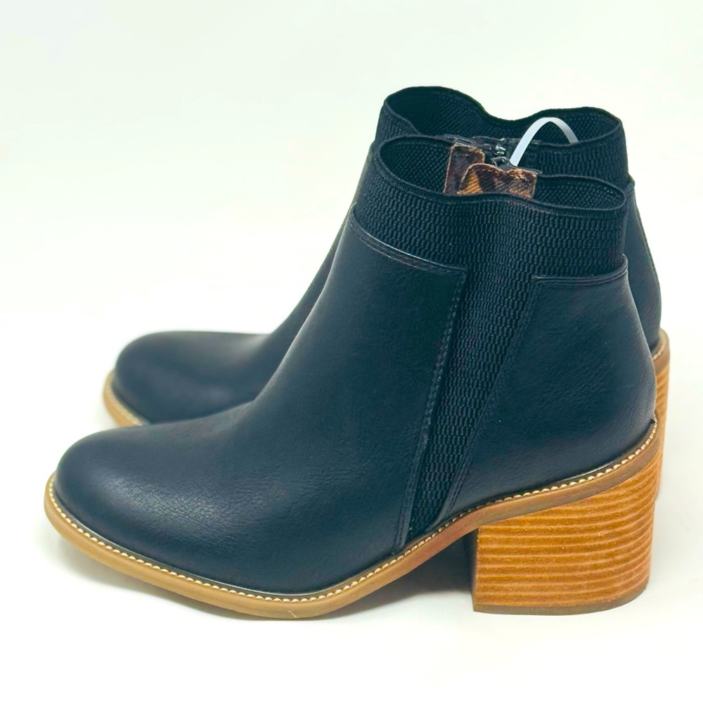 Kork-Ease Black Ankle Boots with Tan Heel